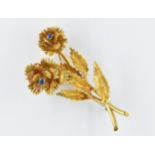 18ct Gold floral spray brooch, set two sapphires 15.6g