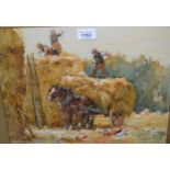 James Edgar Mitchell, watercolour, figures unloading a haycart, signed, 11.75ins x 14.75ins, gilt