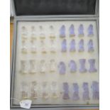 Mid 20th Century Czechoslovakian clear and pale blue frosted glass chess set, in a fitted case