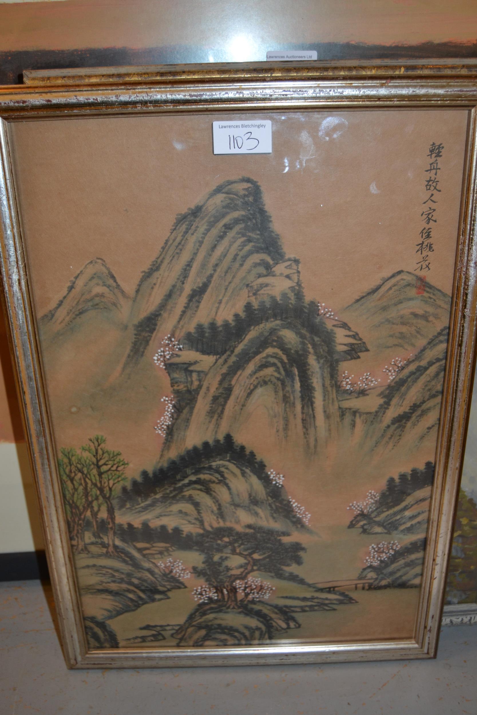 Two Chinese watercolour on rice paper, landscapes with building, trees and mountains, with Chinese - Image 3 of 3