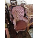 Set of four mid 20th Century pink button upholstered spoonback chairs on carved cabriole supports