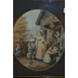 Pair of oval mounted mezzotint prints figures in farm scenes after Morland, 12.5ins x 10.5ins,