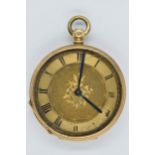 14ct Yellow gold fob watch with engraved case (lacking glass) Weight 30g