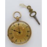 18ct Gold cased open face fob watch, the gilt dial with Roman numerals, the engraved back