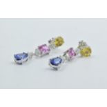 Pair of 18ct white gold drop earrings set oval yellow sapphires, baguette pink sapphires and a