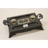 19th Century ebonised and abalone inlaid two bottle ink stand