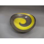 Large Murano glass fruit dish in iridescent grey and yellow, 18.5ins x 16.45ins Small chip to rim