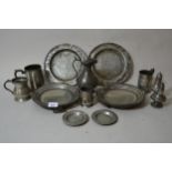 Quantity of various antique pewter plates, mugs, measures etc. No pub names, just two names R.