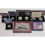 Seven various silver proof coins in presentation boxes by Royal Mint and others, including RMS