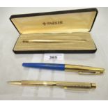 Parker gold plated ballpoint pen in original box, together with two Sheaffer pens