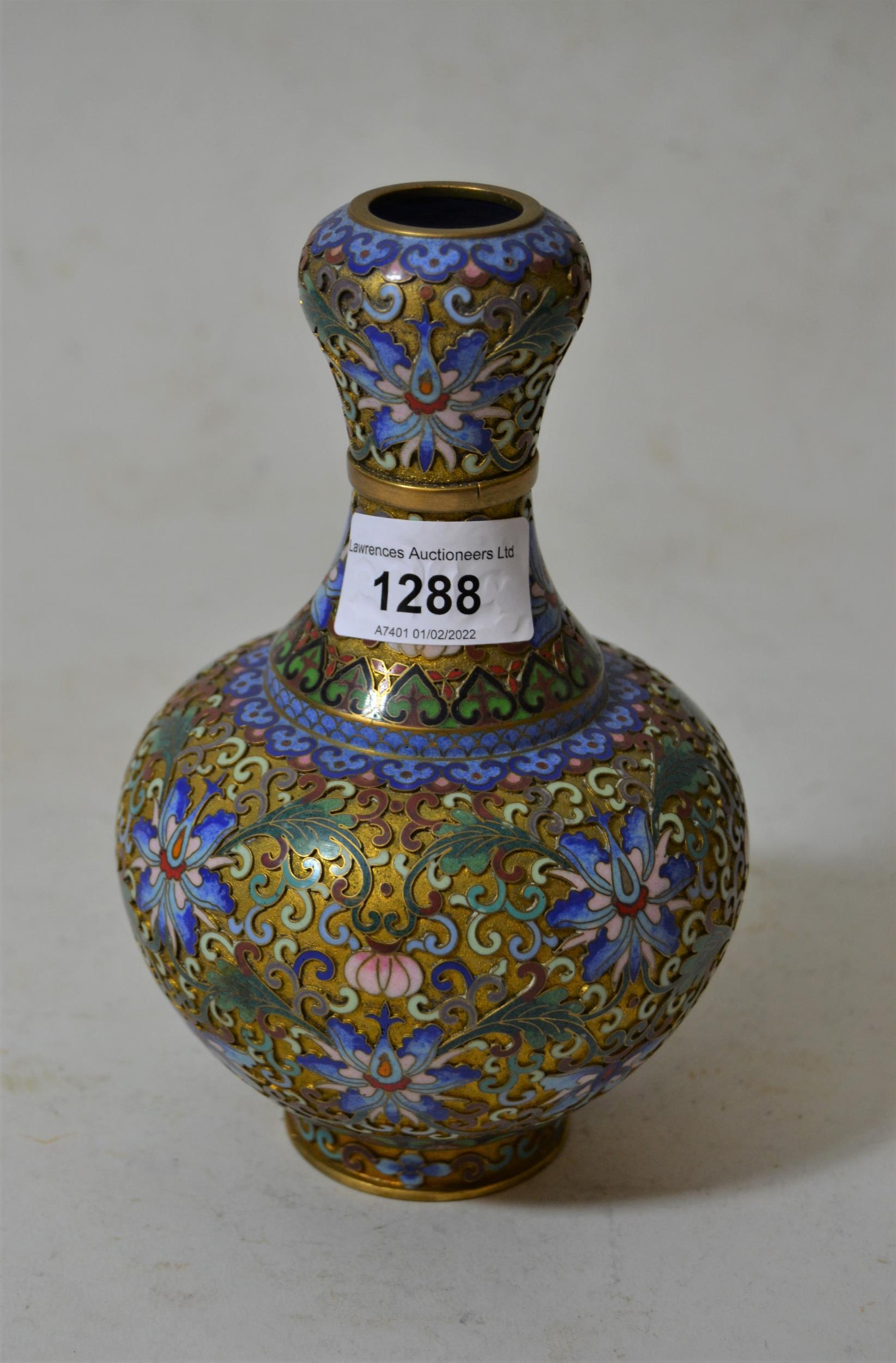Chinese cloisonne baluster form vase with all over floral decoration, 7ins high
