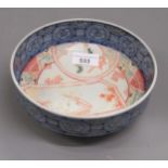Chinese bowl having gilt and floral enamel decoration, with blue and white borders, 7.25ins diameter