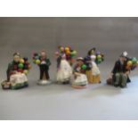 Six Royal Doulton figures, ' Balloon Boy ', ' Balloon Man ', ' Balloon Girl ', ' Old Balloon