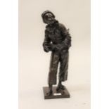 Eutrope Bouret, dark patinated bronze figure of Pierrot playing a mandolin, on a square plinth base,