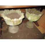 Pair of weathered cast concrete pedestal garden planters, each 20ins diameter x 23ins high