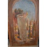 Early 20th Century oil portrait of a young lady standing under an archway, unframed Paper stuck down