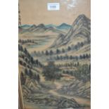 Two Chinese watercolour on rice paper, landscapes with building, trees and mountains, with Chinese