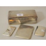 Two silver cigarette cases, silver card case, silver mounted cigarette box, 7.5oz excluding the