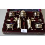 Cased Birmingham silver seven piece condiment set with spoons, 9oz excluding glass liners