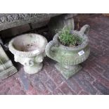 Small pedestal two handled weathered cast concrete garden planter and another planter