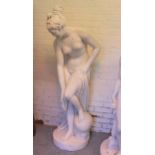 Modern life size cast concrete simulated marble figure of Venus, on a circular integral plinth base,