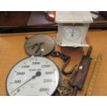 Large brass pressure gauge, a Salter's spring balance, cast iron Bellmont weighing scale, skipping