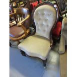 Near pair of Victorian carved walnut button upholstered balloon back chairs on cabriole supports,