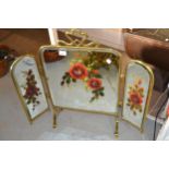 Victorian and brass floral painted mirror inset triple folding firescreen No cracks or chips to