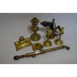 Brass inkstand, various brass candlesticks, a brass garden spray and blow lamp