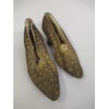 Box containing a quantity of miscellaneous lace, a pair of antique ladies shoes and two small panels