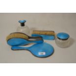 Birmingham silver and blue translucent enamel seven piece dressing table set comprising: perfume