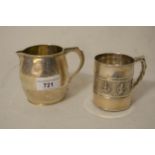 George III silver barrel form jug, together with an Indian silver mug