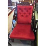 Victorian carved beechwood and red button upholstered low seat nursing chair together with a set