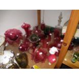 Collection of Victorian and later cranberry and green glassware including Mary Gregory style Some