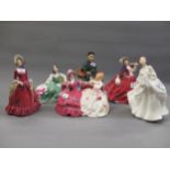 Group of five Royal Doulton figures of ladies, together with a Royal Doulton group, ' The