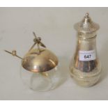 Birmingham silver sugar caster of beaten baluster form, together with a Chester silver mounted glass