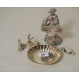 Victorian oval silver trinket dish, silver covered salt in the form of a figure, two small metal
