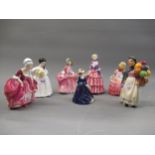 Group of six small Royal Doulton figures of ladies together with a small Coalport figure