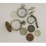 Continental silver fob watch and two plated pocket watches, two one dollar coins etc.