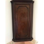 Small mahogany hanging corner cabinet, the moulded cornice above a single moulded panel door, 17.