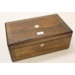 19th Century rosewood and inlaid rectangular fold-over writing box with fitted interior, 15.75ins