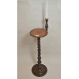 19th Century Gothic oak wine table with integral candle arm on a wrythen studded column and