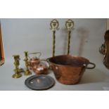 German Arts & Crafts copper and brass teapot, copper spirit kettle, copper preserve pan, pair of