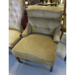 Edwardian mahogany and line inlaid low seat drawing room chair, with button beige upholstery on