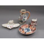 Continental porcelain floral decorated inkstand, small Imari dish, Crown Derby jug and a 19th