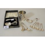 Silver spoon and pusher, cased, Continental white metal beaker and caddy spoon together with other