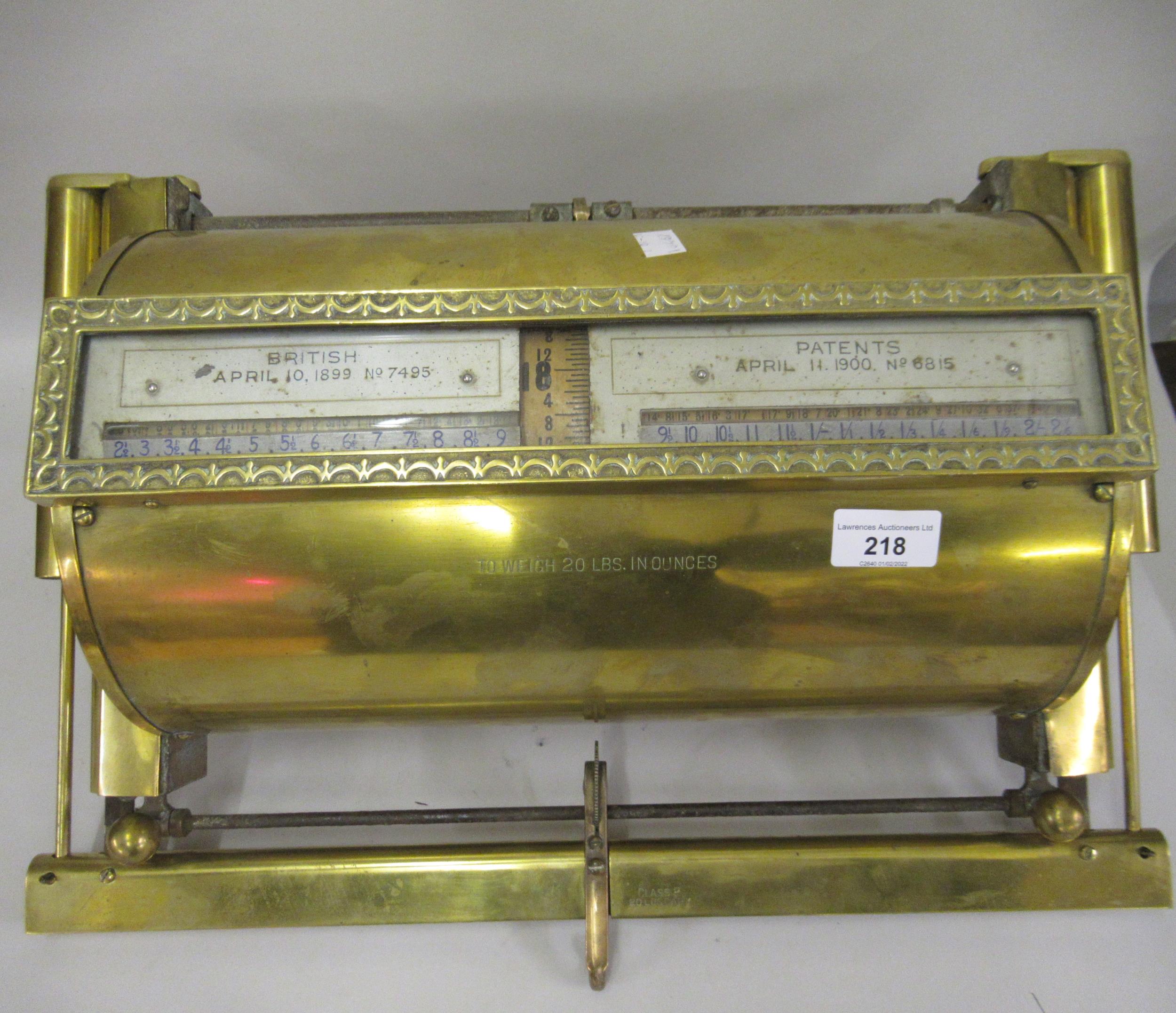 Set of large brass hanging scales with British Patents, 1899 and 1900 (to weigh 20Ibs in oz's)