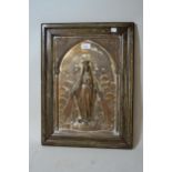 19th Century Continental embossed and silvered copper wall plaque depicting the Madonna in a