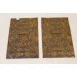 Pair of rectangular antique oak panels carved with a Bacchanalian figure and exotic beasts, 21ins