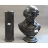 Wedgwood black, jasperware bust of Shakespeare, together with a similar cylindrical jar and cover